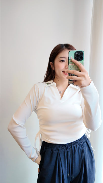 翻領側抽繩V領長袖上衣