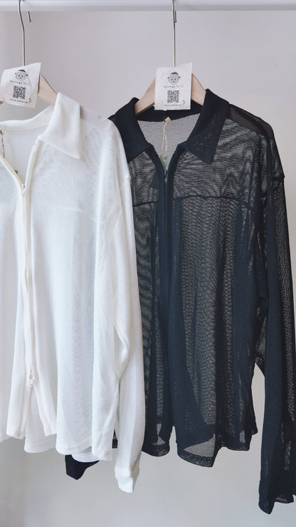 雙拉鏈翻領微透膚外套