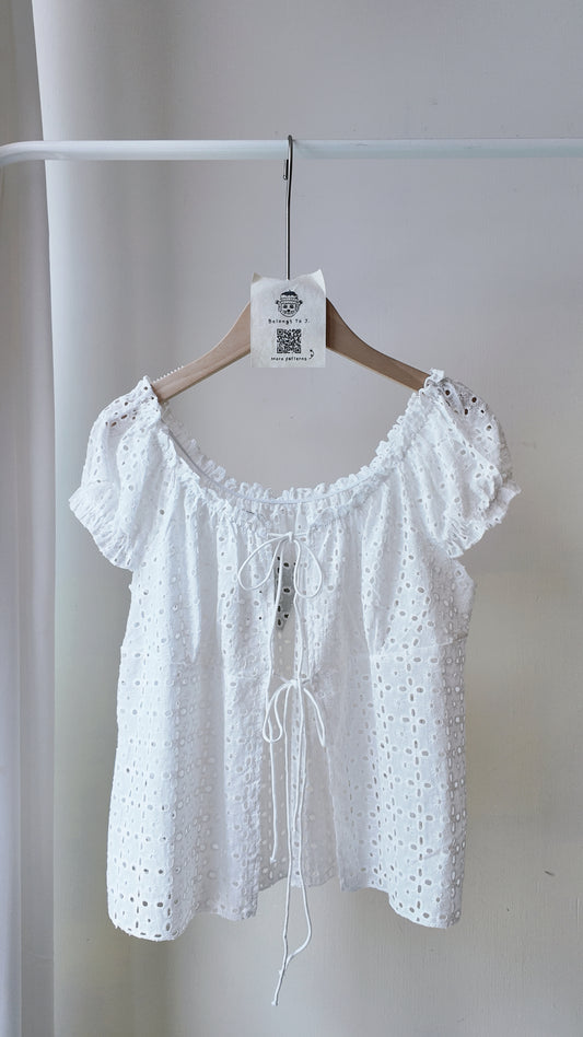 提花蕾絲綁帶短袖罩衫