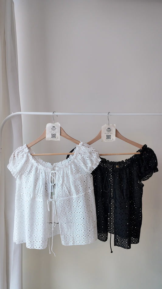 提花蕾絲綁帶短袖罩衫