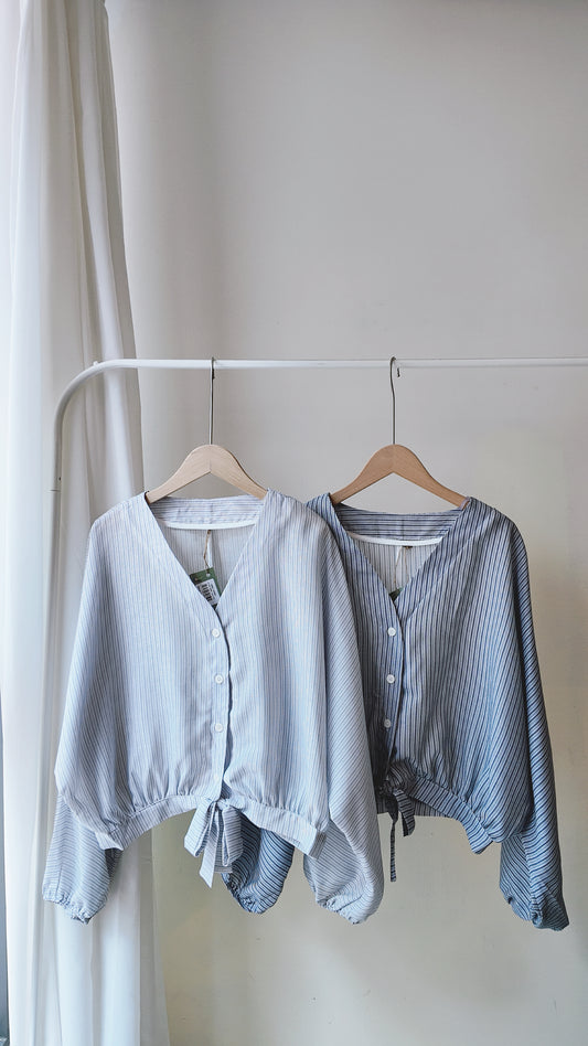 V領直紋下綁帶襯衫