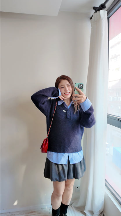 假兩件羊毛針織拼接襯衫