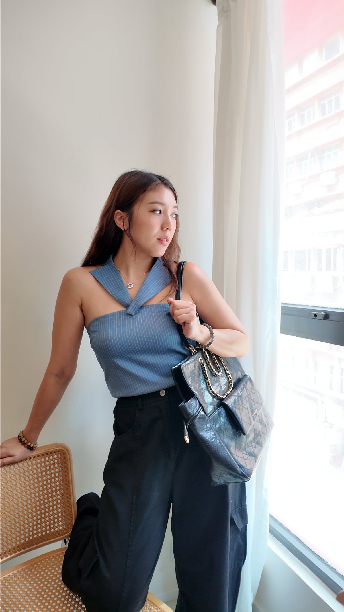 自家製-法式翻領掛頸細條紋抹胸上衣