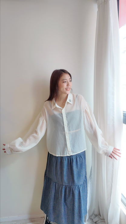 泡泡袖透膚暗格襯衫