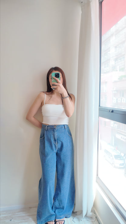 半橡筋打摺牛仔高腰長闊褲