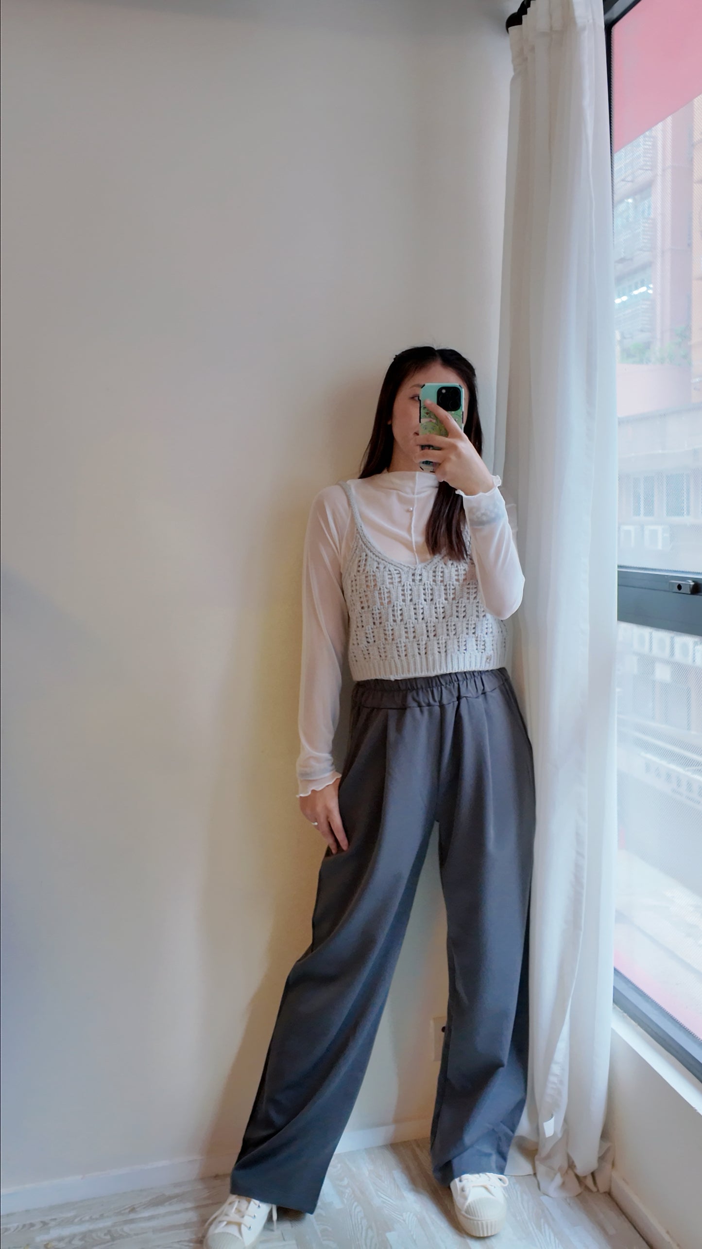 橡筋腰打摺高腰長西褲