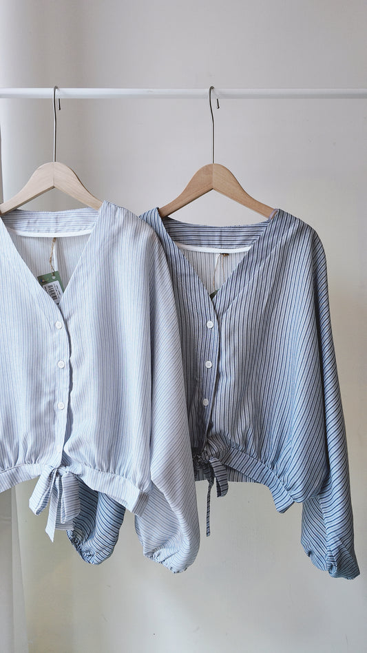 V領直紋下綁帶襯衫