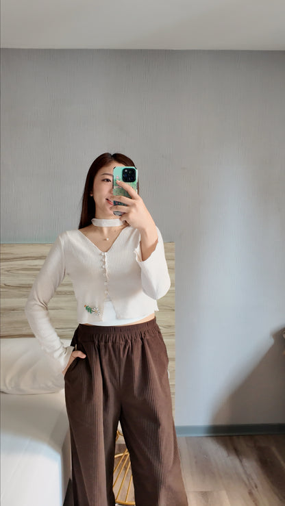 附綁繩排鈕V領坑條上衣