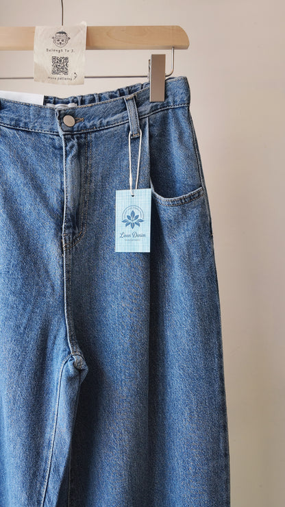 半橡筋打摺牛仔高腰長闊褲