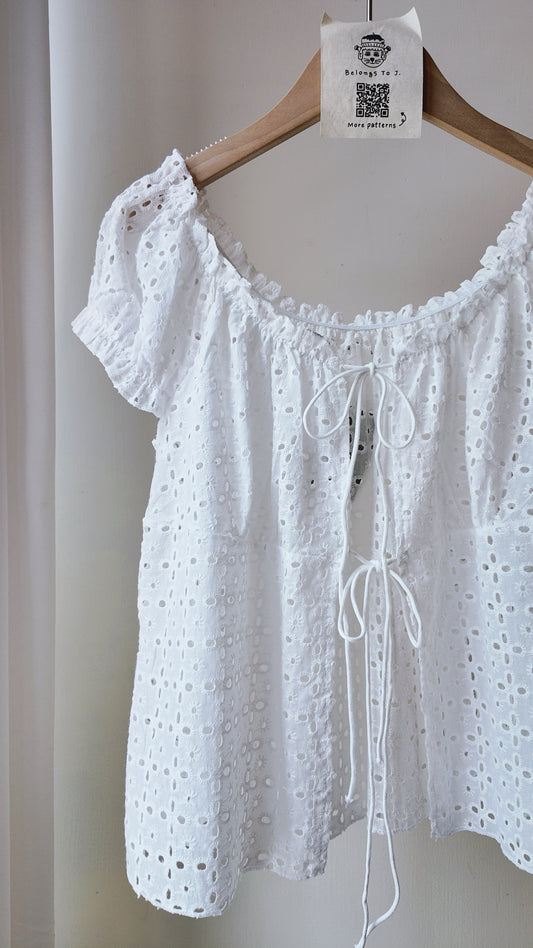 提花蕾絲綁帶短袖罩衫