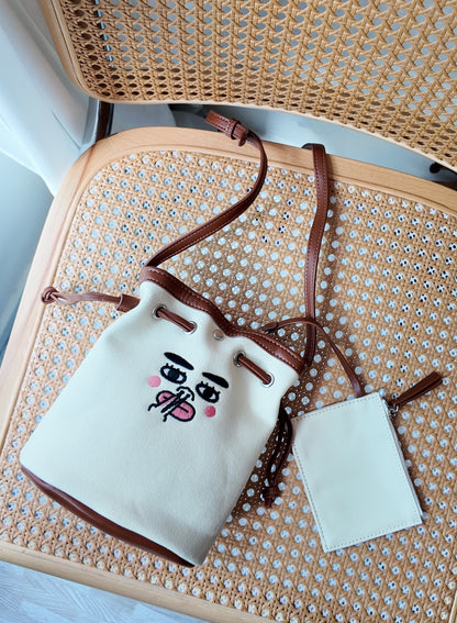 刺繡拼色帆布束口水桶包