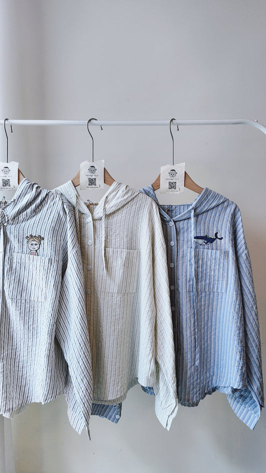 寬鬆直條有帽襯衫