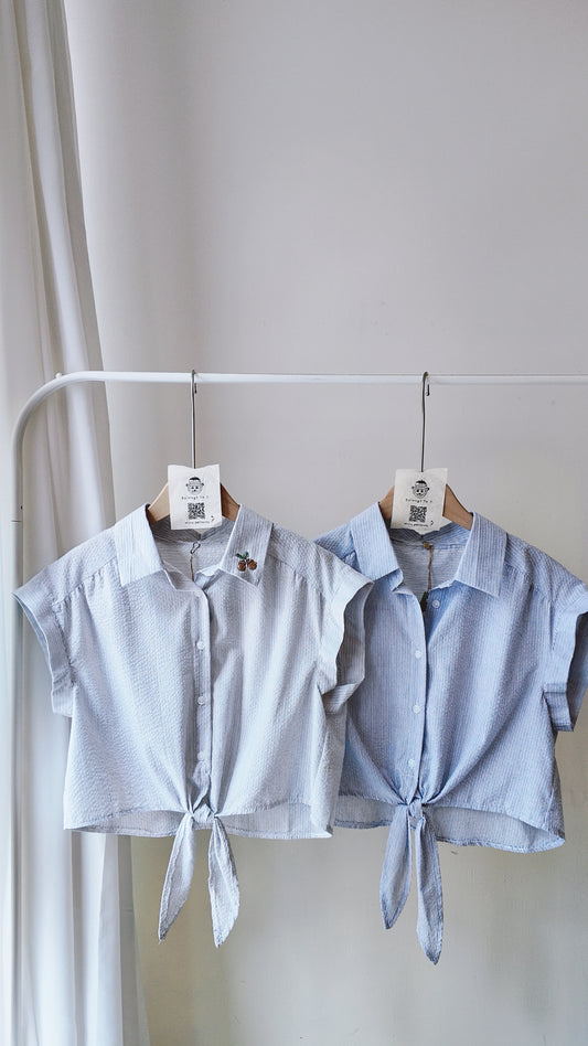 無袖直間翻領下擺綁帶襯衫