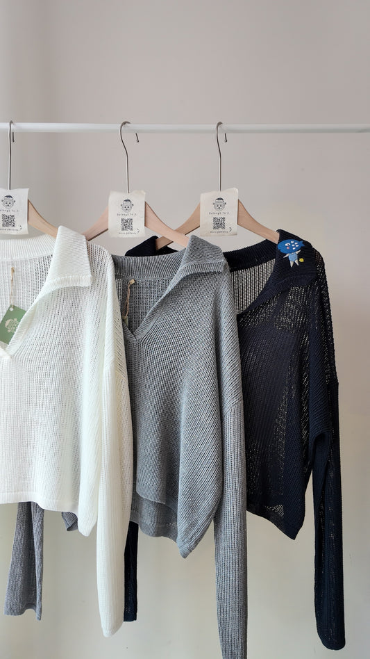 翻領V領洞洞長袖上衣/罩衫