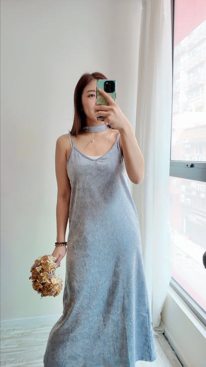 絨布綁帶光澤長連身裙