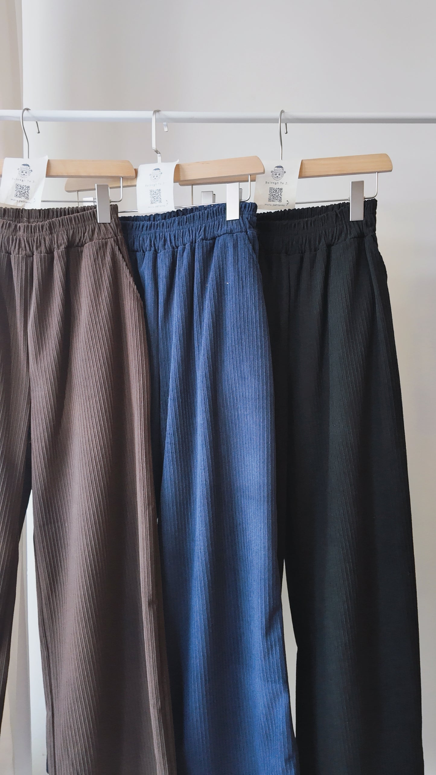 橡筋腰直條高腰長褲