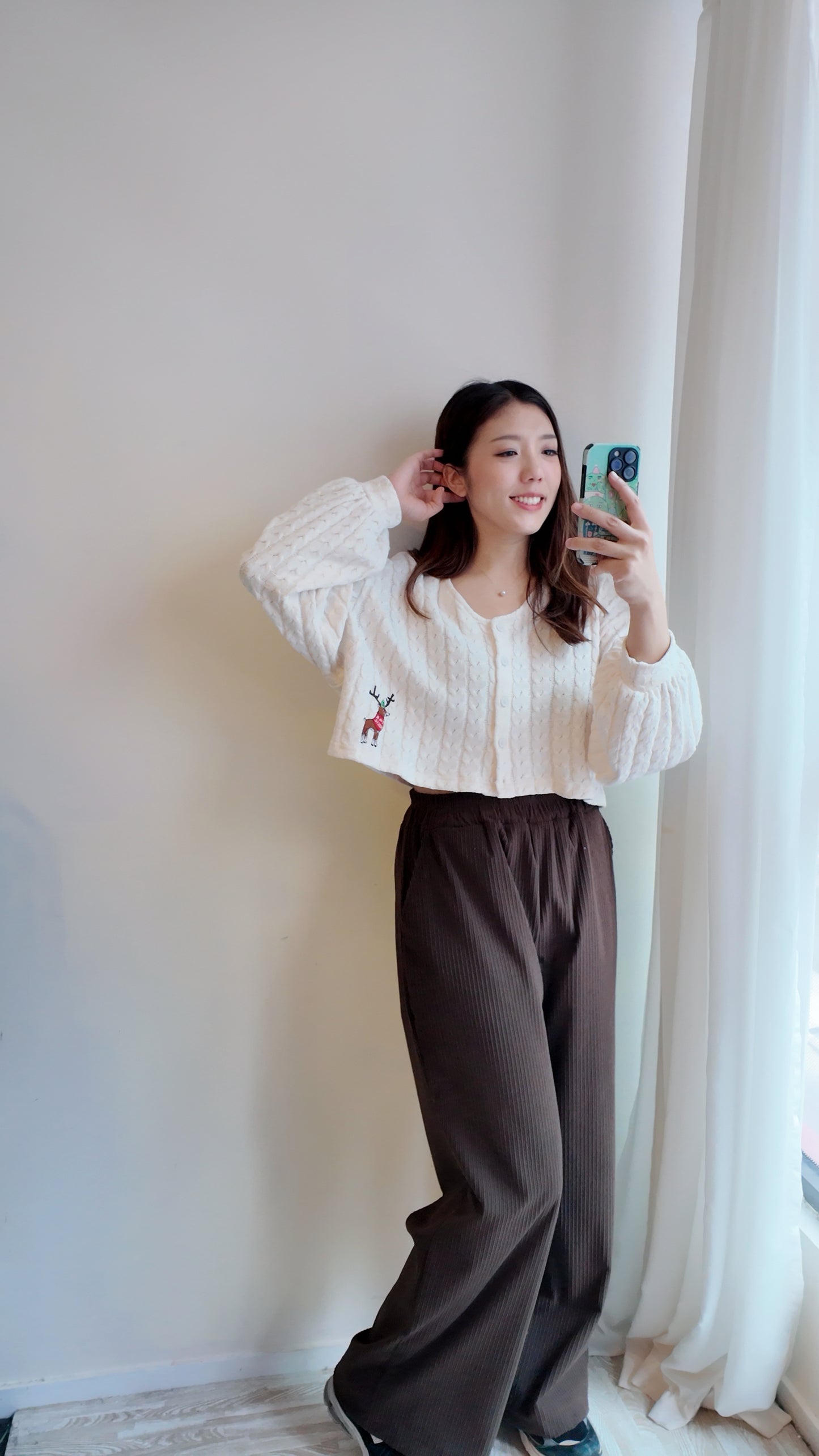 橡筋腰直條高腰長褲