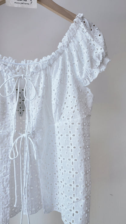 提花蕾絲綁帶短袖罩衫