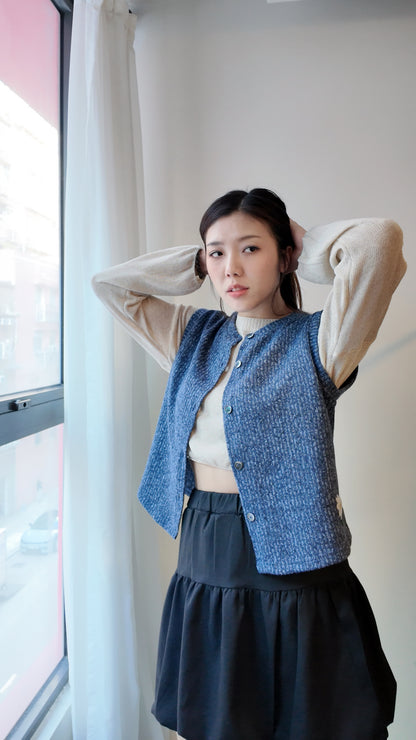 自家製-針織圓領開鈕背心外套/上衣