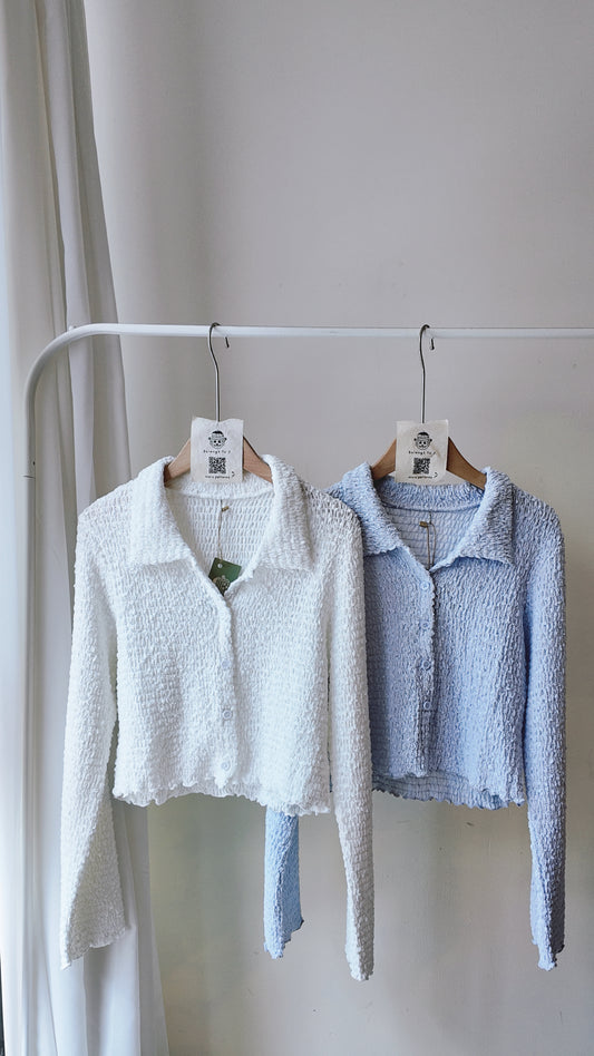 泡泡布翻領排鈕捲邊上衣