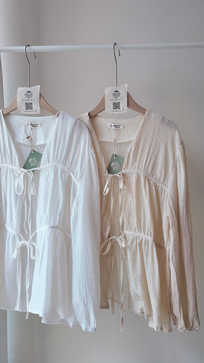 雙綁帶皺皺泡泡袖長袖罩衫