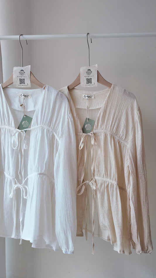 雙綁帶皺皺泡泡袖長袖罩衫