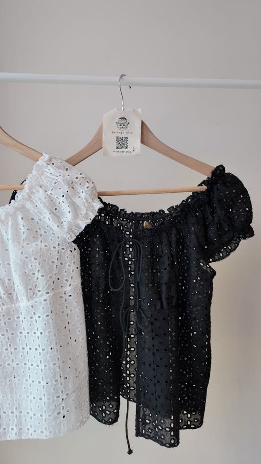 提花蕾絲綁帶短袖罩衫