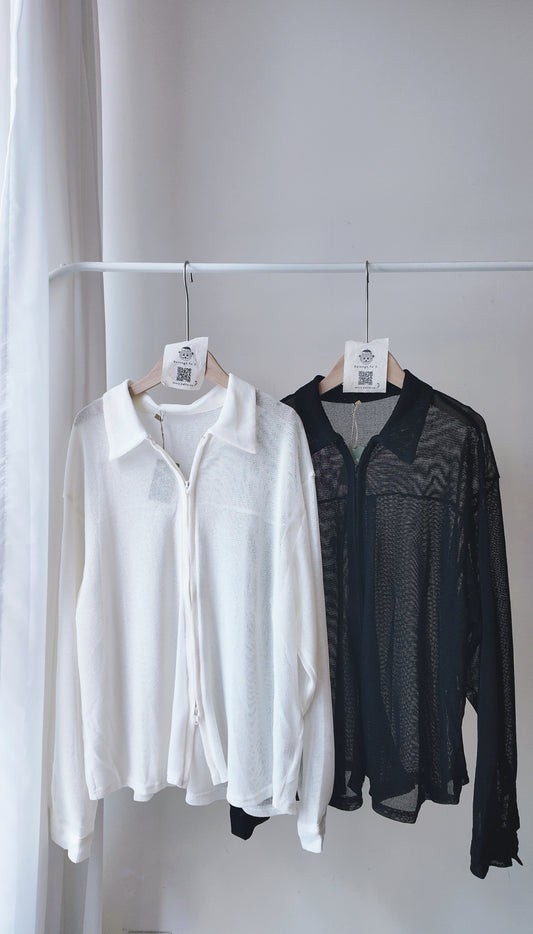 雙拉鏈翻領微透膚外套