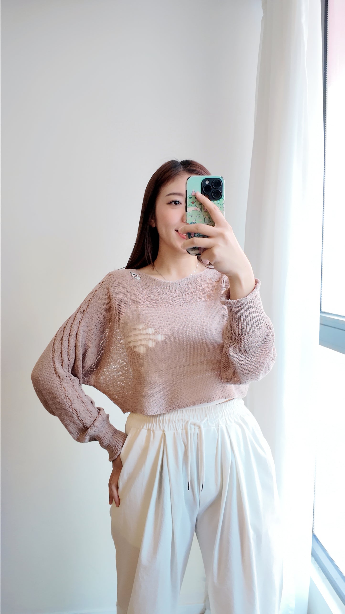 短版洞洞麻花長袖上衣/罩衫