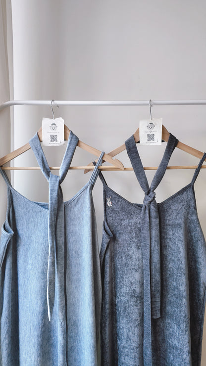 絨布綁帶光澤長連身裙