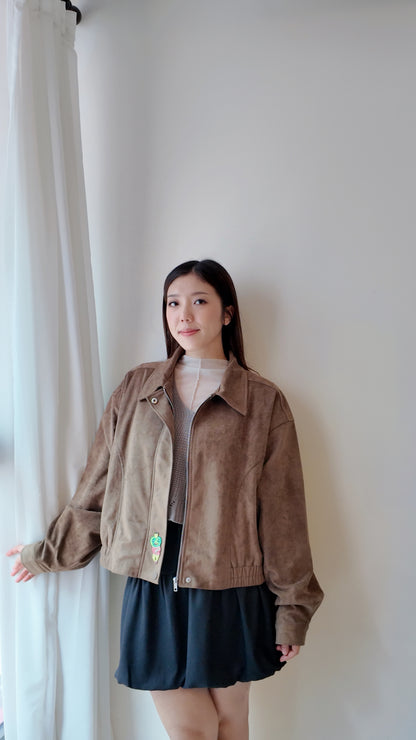 下擺鬆緊兩側車線麂皮外套