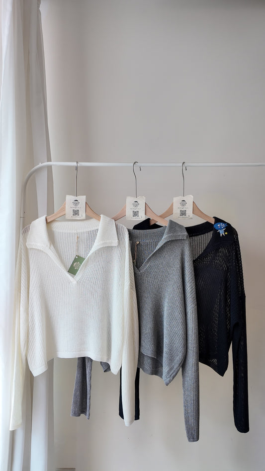 翻領V領洞洞長袖上衣/罩衫