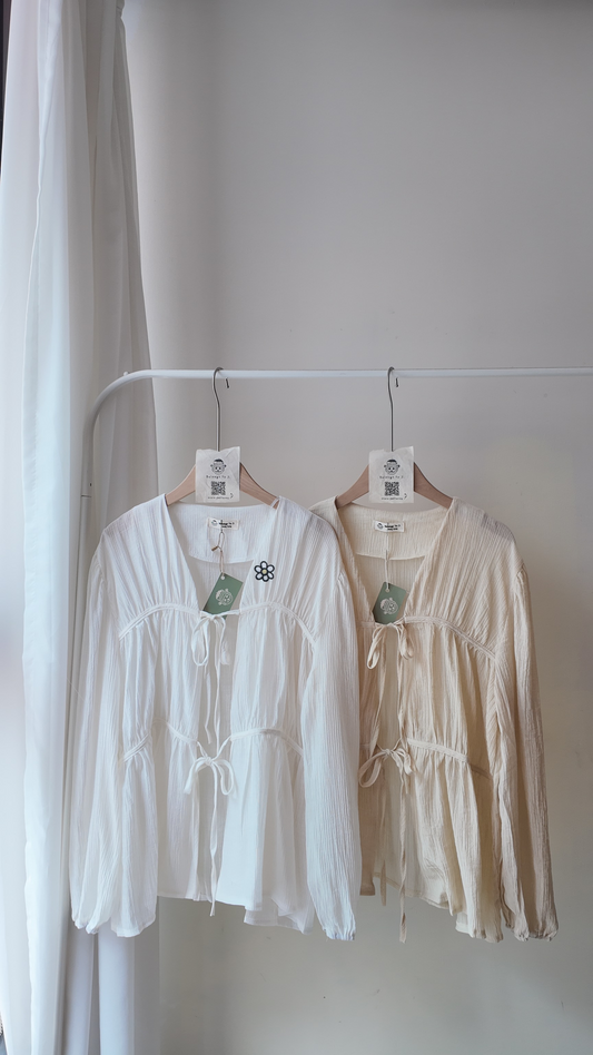 雙綁帶皺皺泡泡袖長袖罩衫