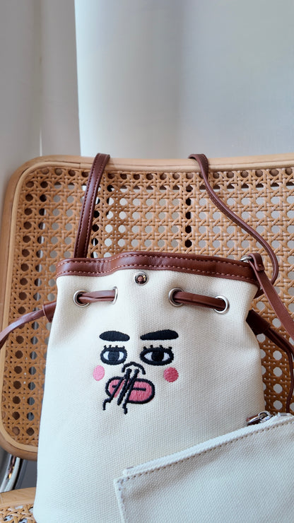 刺繡拼色帆布束口水桶包