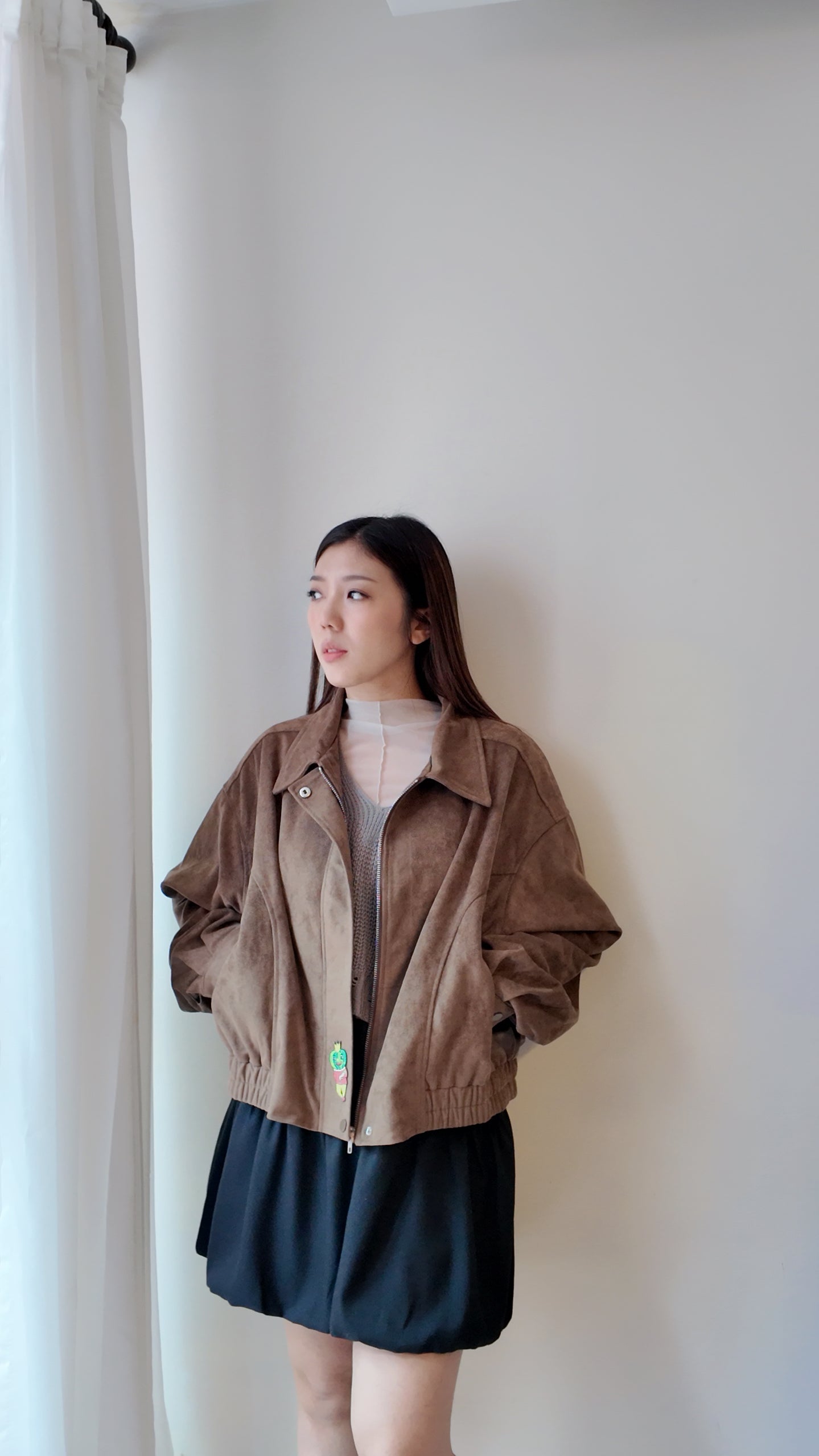 下擺鬆緊兩側車線麂皮外套