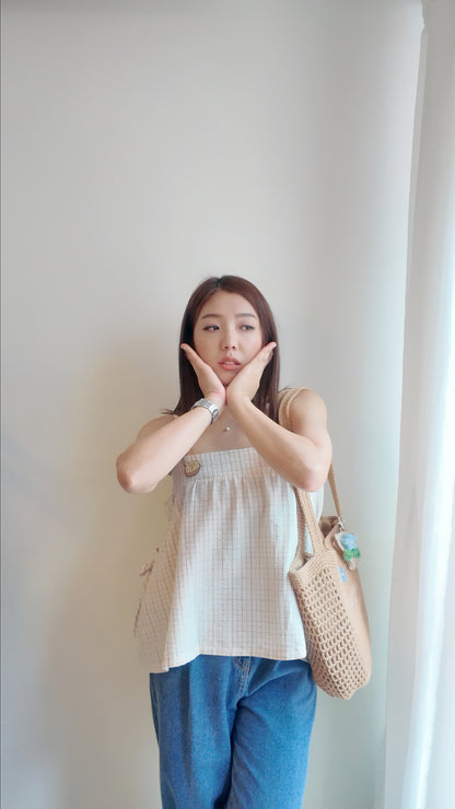 側綁帶口袋奶油格紋上衣
