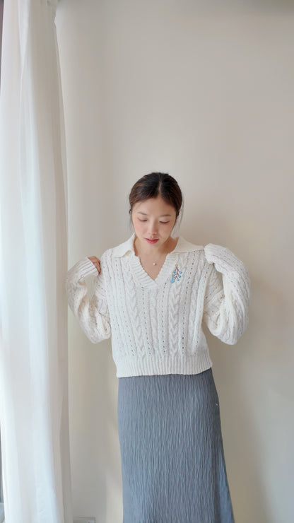 翻領針織麻花長袖上衣