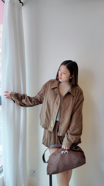 下擺鬆緊兩側車線麂皮外套