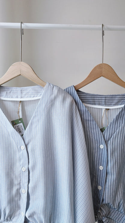 V領直紋下綁帶襯衫