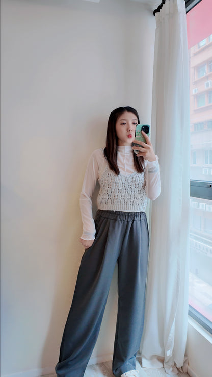 橡筋腰打摺高腰長西褲