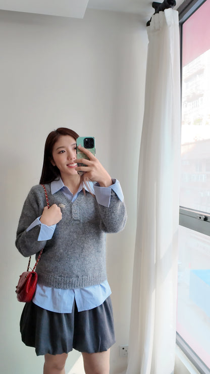 假兩件羊毛針織拼接襯衫