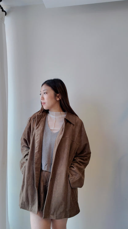 麂皮口袋暗釦中長版外套