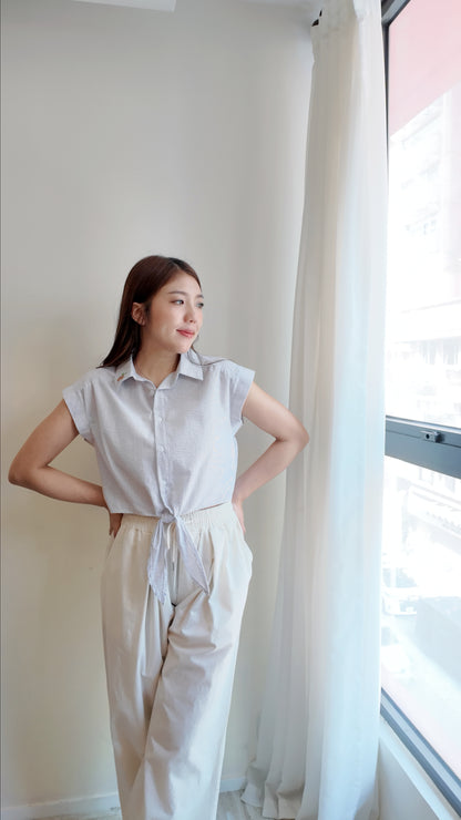 無袖直間翻領下擺綁帶襯衫