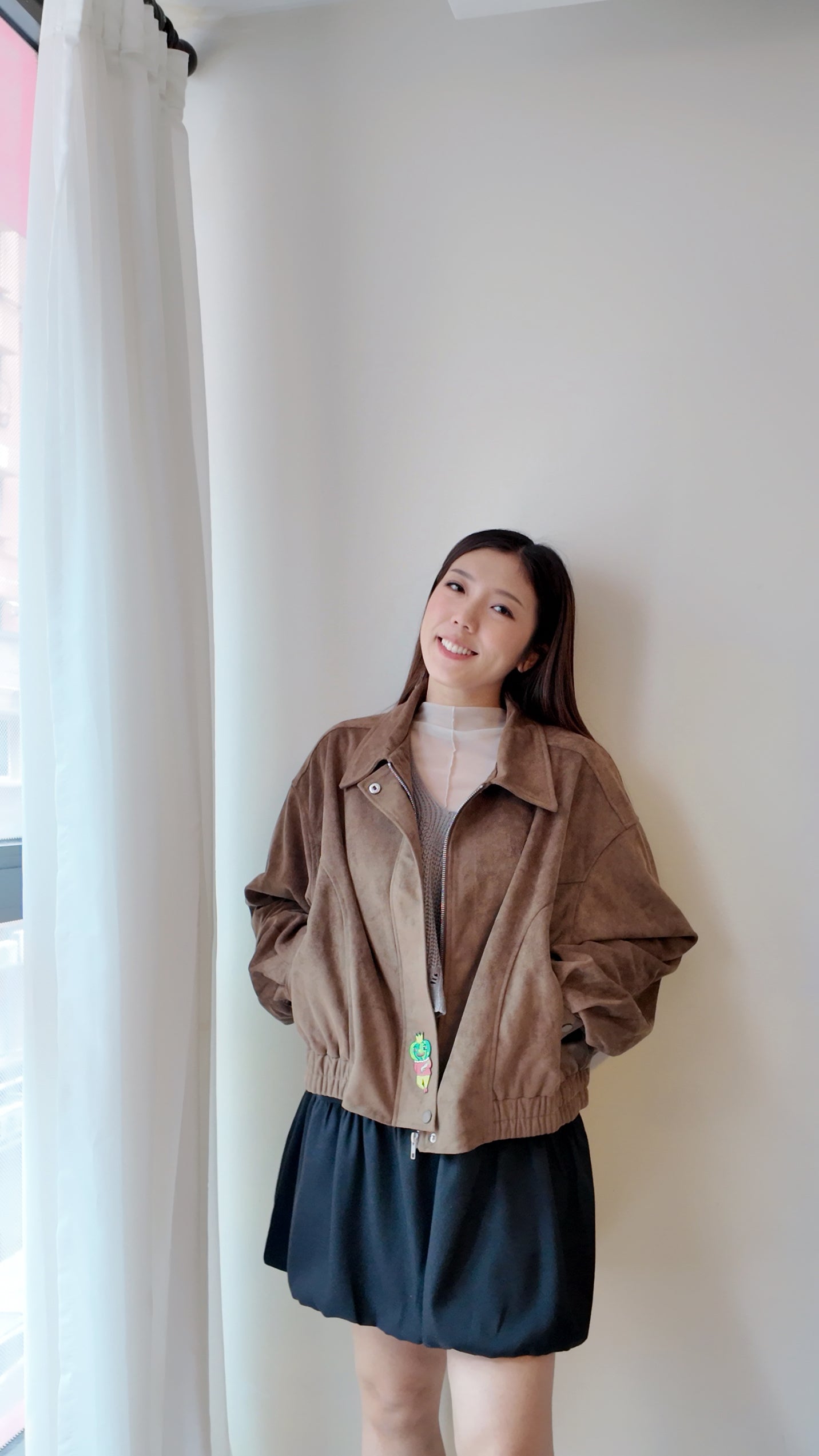 下擺鬆緊兩側車線麂皮外套