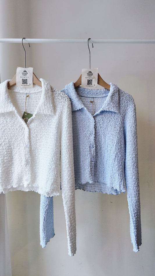 泡泡布翻領排鈕捲邊上衣