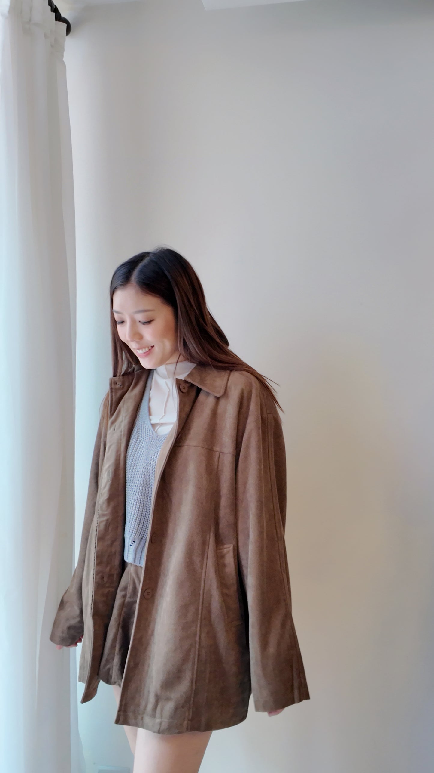 麂皮口袋暗釦中長版外套