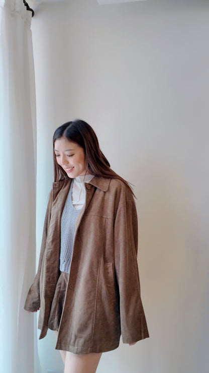 麂皮口袋暗釦中長版外套