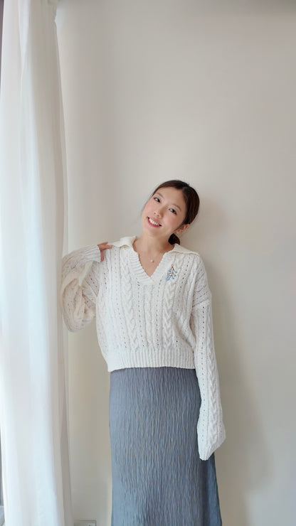 翻領針織麻花長袖上衣