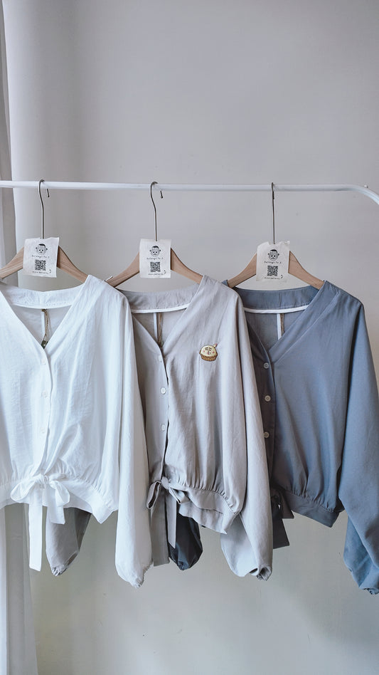 V領素色下綁帶襯衫