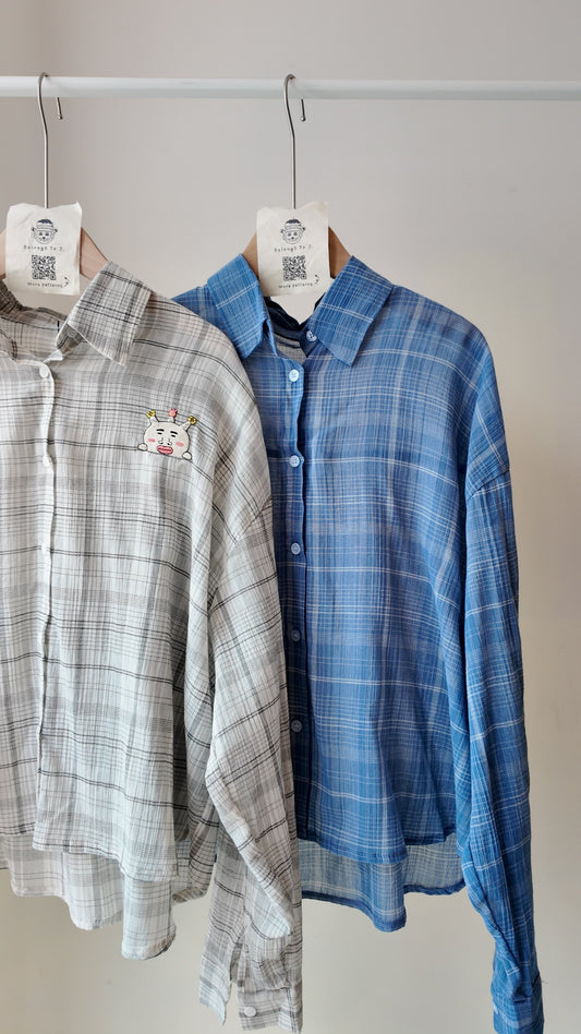 落肩皺皺格仔長袖襯衫